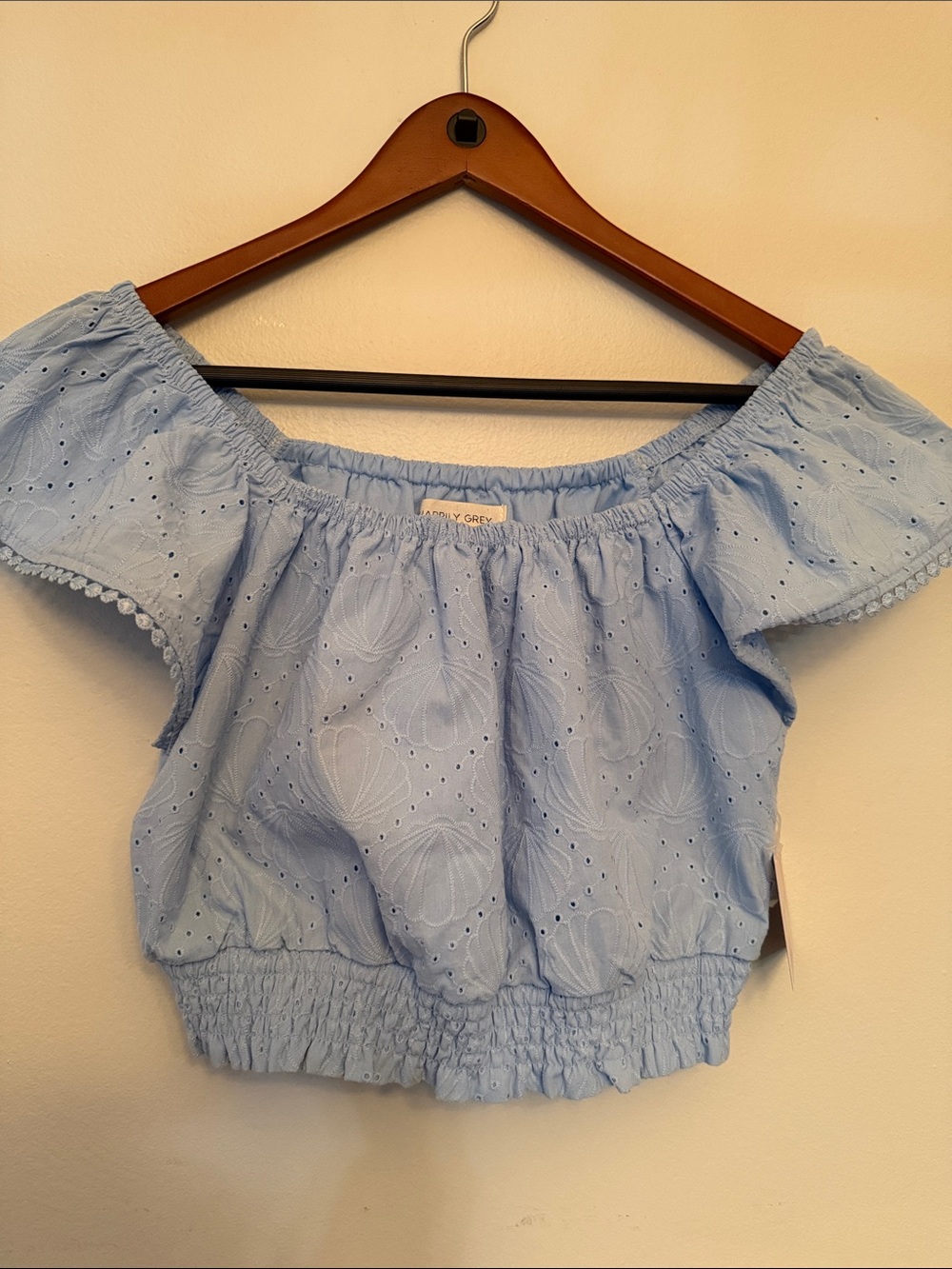 Light Blue Off-Shoulder Eyelet Crop Top by Twenty